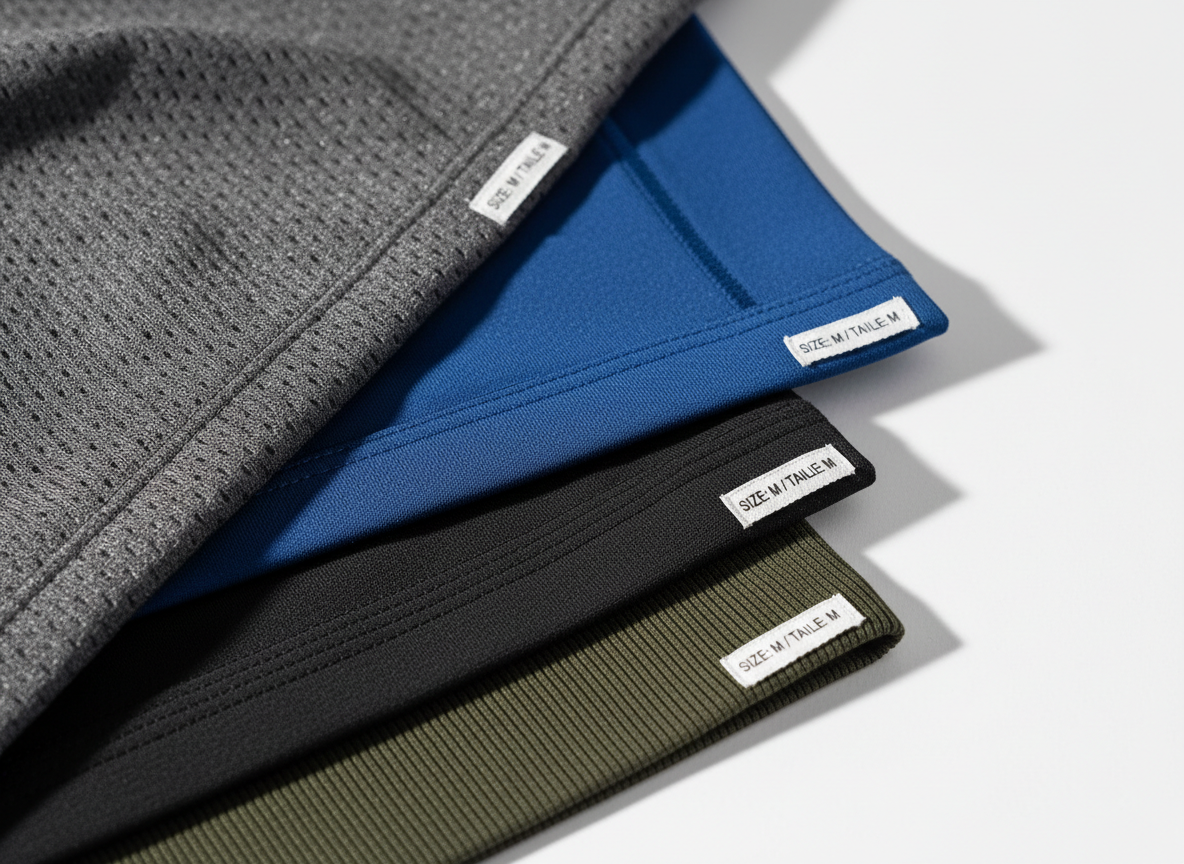A close-up, detail-focused shot of high-performance sports fabrics in different colors and textures, laid out in overlapping layers on a seamless white background, rendered in photographic realism. Show breathable mesh panels in charcoal, smooth compression fabric in royal blue, soft stretch cotton in black, and ribbed waistbands in dark olive, each labeled with small, unobtrusive bilingual size indicators. Soft side lighting from the left emphasizes the weave, stitching, and subtle sheen of each material, casting delicate shadows along the folds. Captured with a shallow depth of field, the frontmost textures are razor sharp while the background gently blurs, creating a professional, technical, and trustworthy mood suitable for a high-quality athletic clothing brand.