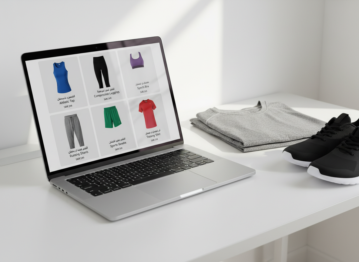 A modern, professional e-commerce product grid for a sportswear brand displayed on a large, slim laptop screen resting on a clean white desk, presented in photographic realism. The screen shows neatly arranged product photos of athletic tops, leggings, and shorts in various sizes, each with clear bilingual Arabic-English labels and simple price tags. Beside the laptop lie two folded performance garments and a pair of minimal black training shoes, hinting at the physical products. Soft natural daylight from a nearby window washes over the scene, creating gentle reflections on the screen and subtle shadows around the objects. Shot from a slightly elevated angle, the composition is clean, bright, and focused on an easy, intuitive shopping experience.