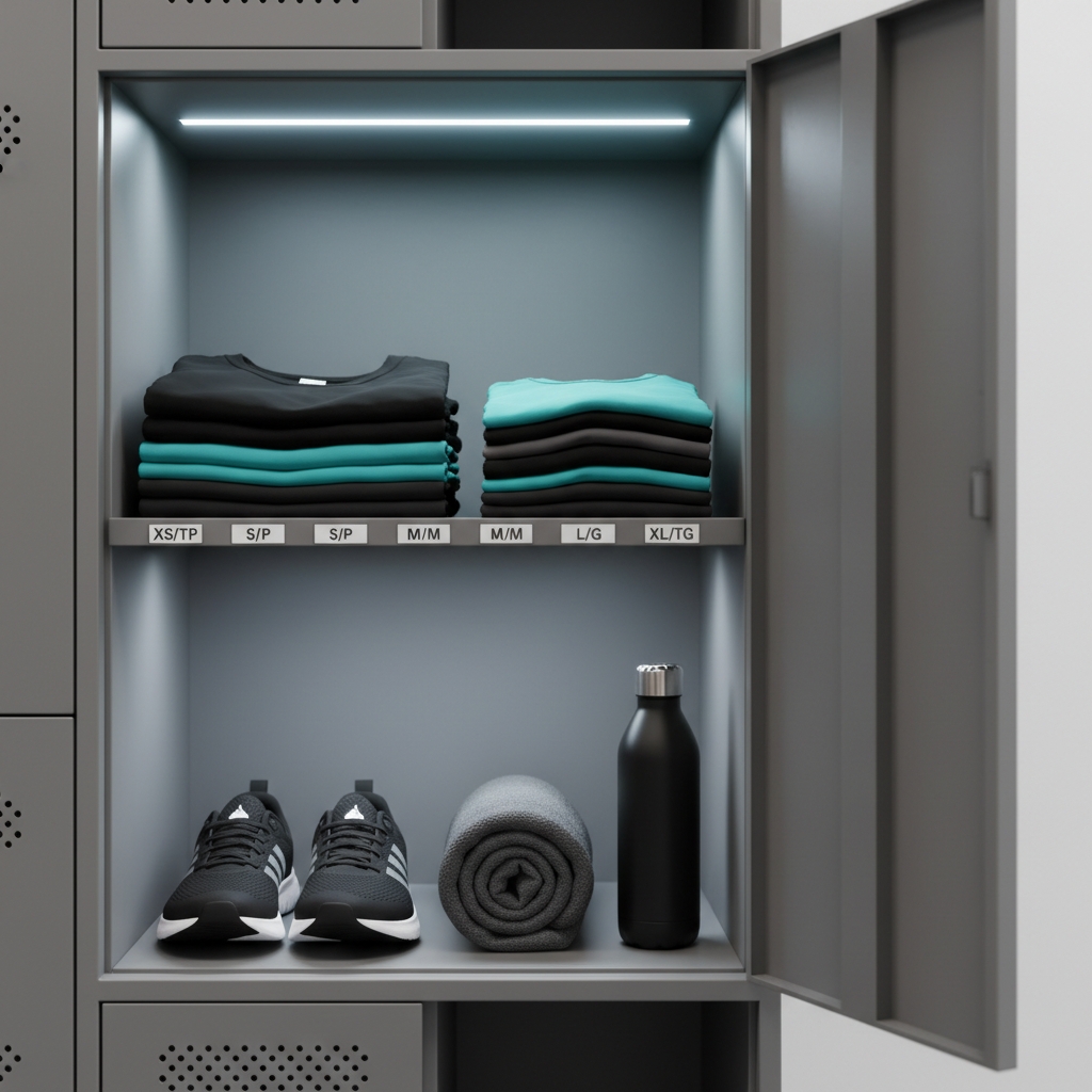 A thoughtfully organized gym locker interior showcasing gender-neutral athletic outfits in multiple sizes, photographed in realistic detail. Inside the matte-gray metal locker, matching sets of folded T-shirts, leggings, and shorts in black, teal, and charcoal are stacked on shelves, with small bilingual size labels visible along the edges. A pair of lightweight running shoes rests on the bottom shelf beside a rolled quick-dry towel and a sleek water bottle. Overhead cool-white lighting gently illuminates the interior, creating soft, directional shadows that add depth. Shot slightly from the side at eye level, the composition uses the open locker door as a natural frame, evoking a sense of readiness, organization, and active lifestyle without showing any people.