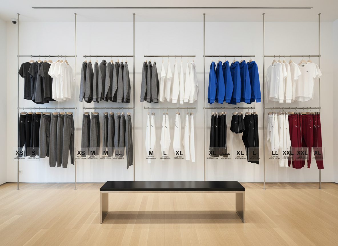 A minimalist retail display of sports clothing in a modern showroom, captured with photographic realism. Several parallel metal racks hold neatly spaced athletic tops and bottoms in multiple sizes, from compact XS to broad XXL, each with clear, legible size markers and bilingual Arabic-English tags. The garments feature neutral tones with a few bold accent colors like electric blue and deep red. The environment has matte white walls, a light oak floor, and a single black bench below the racks. Bright but diffused overhead lighting creates a professional, premium atmosphere with soft reflections on the metal fixtures. Shot at eye level with a wide lens, the composition emphasizes clarity, organization, and ease of selection.