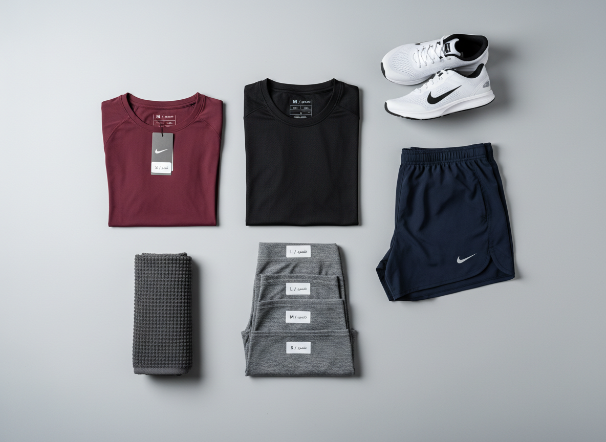 A neatly arranged flat lay of premium athletic wear for both men and women, displayed on a smooth light-gray studio backdrop in photographic realism. Include a moisture-wicking black performance T-shirt, a fitted maroon long-sleeve top, heather-gray leggings in multiple sizes, and navy training shorts, each with subtle size tags visible in Arabic and English. Add a pair of sleek running shoes and a folded microfiber gym towel. Soft, even studio lighting from above creates gentle shadows and highlights the technical fabrics and mesh textures. Shot from a perfectly overhead bird’s-eye view with sharp focus across the frame, the composition is clean, balanced, and professional, conveying an organized and easy shopping experience.