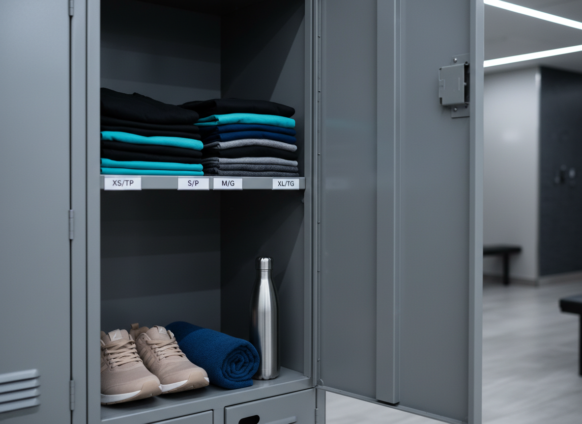 A thoughtfully organized gym locker interior showcasing gender-neutral athletic outfits in multiple sizes, photographed in realistic detail. Inside the matte-gray metal locker, matching sets of folded T-shirts, leggings, and shorts in black, teal, and charcoal are stacked on shelves, with small bilingual size labels visible along the edges. A pair of lightweight running shoes rests on the bottom shelf beside a rolled quick-dry towel and a sleek water bottle. Overhead cool-white lighting gently illuminates the interior, creating soft, directional shadows that add depth. Shot slightly from the side at eye level, the composition uses the open locker door as a natural frame, evoking a sense of readiness, organization, and active lifestyle without showing any people.