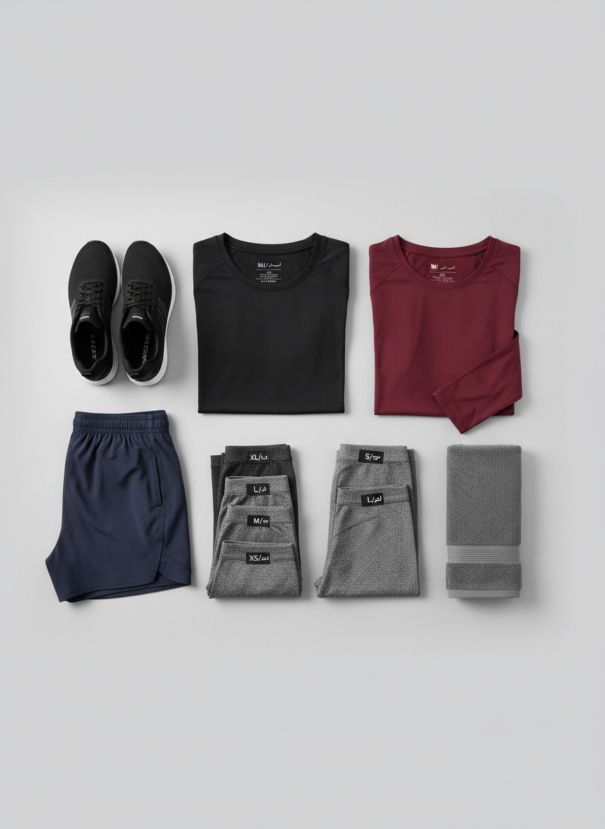 A neatly arranged flat lay of premium athletic wear for both men and women, displayed on a smooth light-gray studio backdrop in photographic realism. Include a moisture-wicking black performance T-shirt, a fitted maroon long-sleeve top, heather-gray leggings in multiple sizes, and navy training shorts, each with subtle size tags visible in Arabic and English. Add a pair of sleek running shoes and a folded microfiber gym towel. Soft, even studio lighting from above creates gentle shadows and highlights the technical fabrics and mesh textures. Shot from a perfectly overhead bird’s-eye view with sharp focus across the frame, the composition is clean, balanced, and professional, conveying an organized and easy shopping experience.