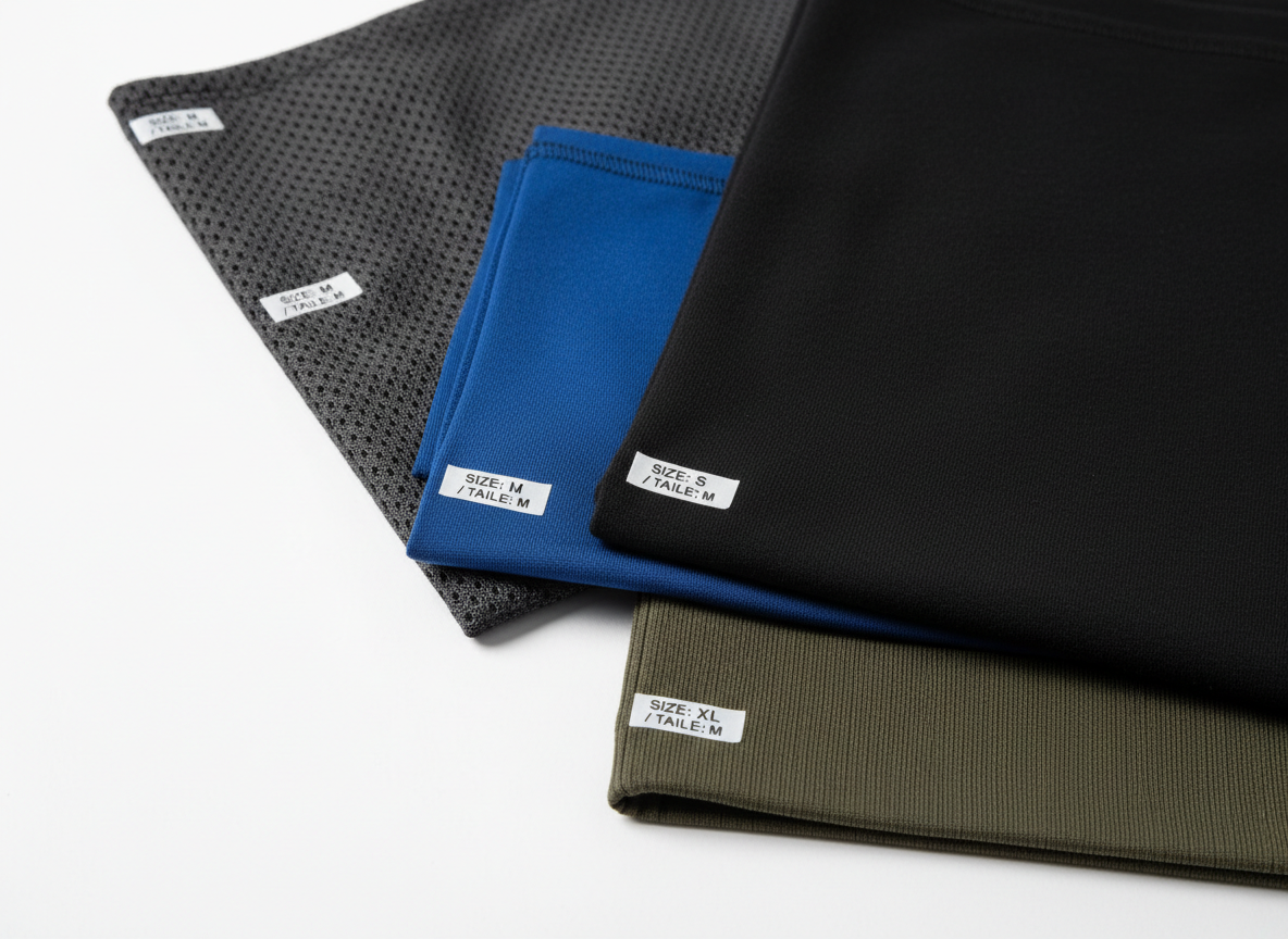 A close-up, detail-focused shot of high-performance sports fabrics in different colors and textures, laid out in overlapping layers on a seamless white background, rendered in photographic realism. Show breathable mesh panels in charcoal, smooth compression fabric in royal blue, soft stretch cotton in black, and ribbed waistbands in dark olive, each labeled with small, unobtrusive bilingual size indicators. Soft side lighting from the left emphasizes the weave, stitching, and subtle sheen of each material, casting delicate shadows along the folds. Captured with a shallow depth of field, the frontmost textures are razor sharp while the background gently blurs, creating a professional, technical, and trustworthy mood suitable for a high-quality athletic clothing brand.