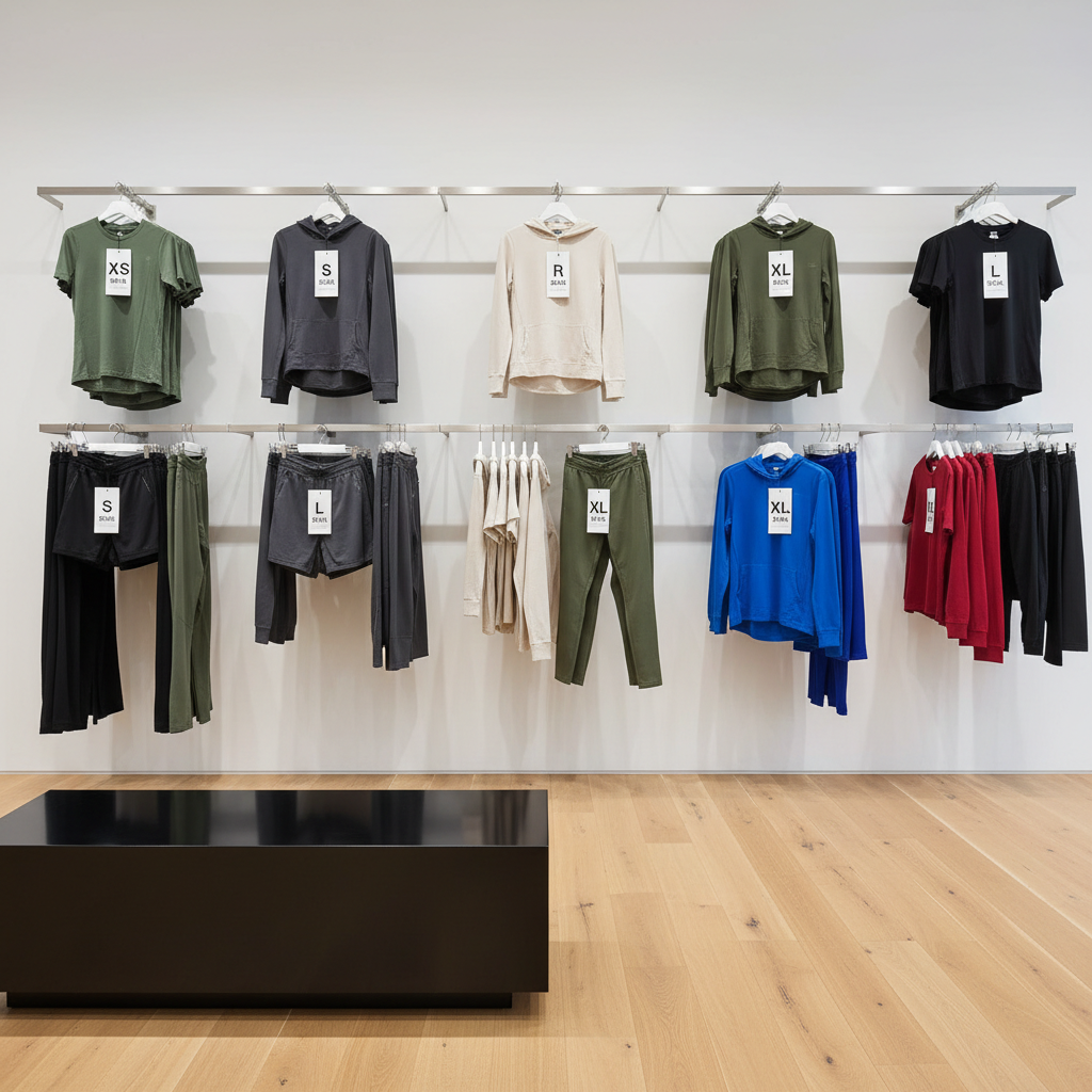 A minimalist retail display of sports clothing in a modern showroom, captured with photographic realism. Several parallel metal racks hold neatly spaced athletic tops and bottoms in multiple sizes, from compact XS to broad XXL, each with clear, legible size markers and bilingual Arabic-English tags. The garments feature neutral tones with a few bold accent colors like electric blue and deep red. The environment has matte white walls, a light oak floor, and a single black bench below the racks. Bright but diffused overhead lighting creates a professional, premium atmosphere with soft reflections on the metal fixtures. Shot at eye level with a wide lens, the composition emphasizes clarity, organization, and ease of selection.